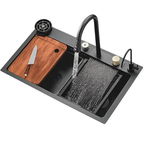 Matte Black Sink with Walnut Board